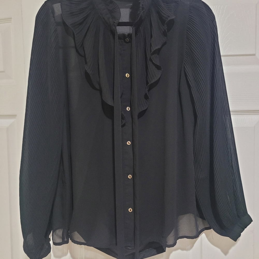 Zara sheer chiffon black pleated sleeve blouse sz XL